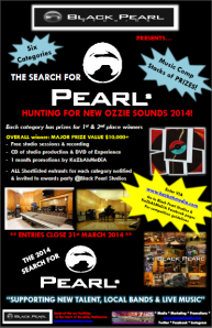 "Search 4 Pearls" Music Competition SIX Categories to ENTER:   1.     Under 18s  [Group & Solo Entries] 2.     Best Band / Group Entry: Rock / Pop / Metal / Alternative / Indie 3.     Best Solo: Acoustic / Classical / Country / Pop / Jazz performance 4.     Modern Music: Hip hop / RnB / Electronic / DJ Production 5.     Group Performance: Choir / Orchestra / Classical Duos & Groups   *** MAJOR PRIZE WORTH OVER $10,000! *** Each category has prizes for 1st & 2nd place winners   OVERALL winner: MAJOR PRIZE VALUE $10,000+ -        Free studio sessions & recording -        CD of studio production & DVD of Experience -        1 month promotions by KaZbAhMeDiA  -        ALL Shortlisted entrants for each category notified & invited to awards party @Black Pearl Studios ENTER: www.kazbahmedia.com Entries Close 31st March 2014 